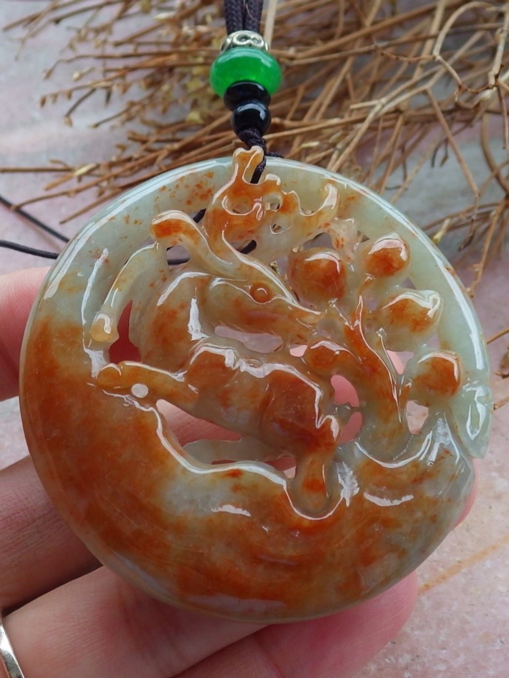 Certified Natural Burma Grade A Jade jadeite Deer Peach Circle Pendant Necklace